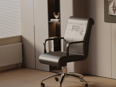 Black Leather Office Chair with Stitched Backrest Armrests and Metal Rolling Casters 3d model