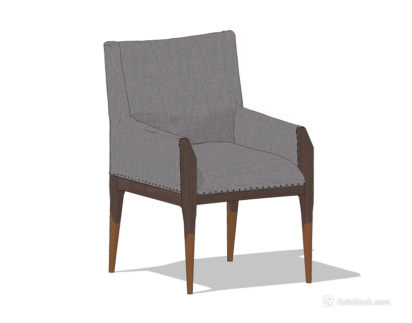 Stylish Gray Fabric Armchair With Dark Wooden Arms And Stitched Details 3d model 