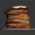 Delicious Stack of Fluffy Pancakes Topped with Banana Slices and Chocolate Syrup on White Plate