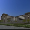 Modern Symmetrical School Building with Light Facade Dark Roof and Lawn Trees in Front Plaza
