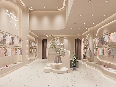 Elegant Cream Style Kids Clothing Store Interior Design With Warm Lighting And Tidy Garment Displays 3d model