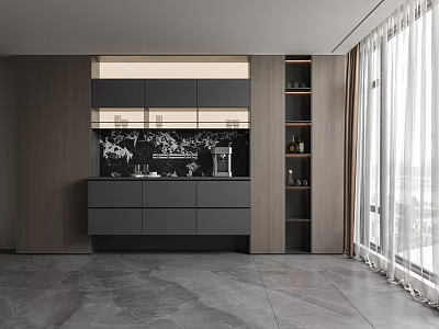Modern Buffet Cabinet In Dining Room With Wooden Frame And Open Shelves Lighting 3d model
