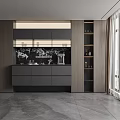 Modern Buffet Cabinet In Dining Room With Wooden Frame And Open Shelves Lighting