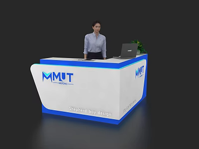 Modern MMUT Reception Desk With Female Receptionist Laptop Green Plant And Creative Solutions 3d model