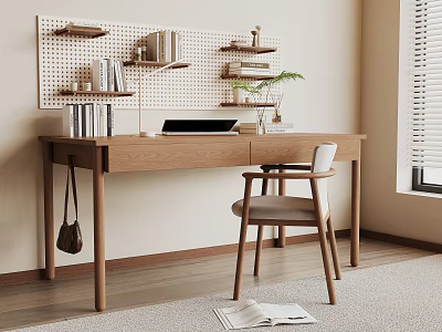 Wooden Home Office Desk With Pegboard Shelves Laptop Books Chair And Plant 3d model
