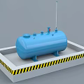 Blue Horizontal Industrial Storage Tank With Pipes Valves On Platform And Yellow Warning Stripes