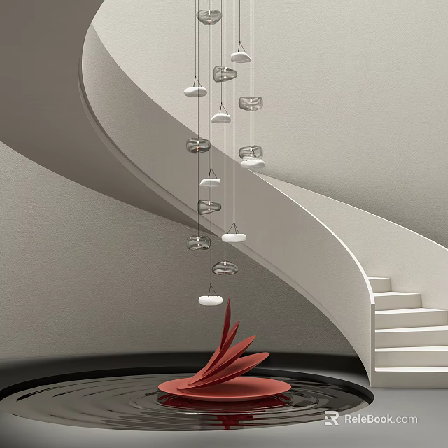 Elegant Modern Spiral Staircase Interior Space Featuring Unique Hanging Chandelier Design 3d model 