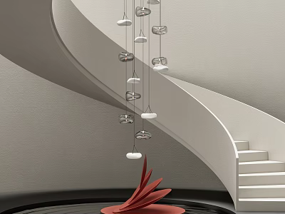 Elegant Modern Spiral Staircase Interior Space Featuring Unique Hanging Chandelier Design 3d model