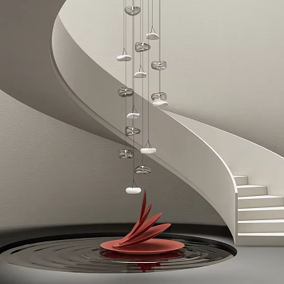 Elegant Modern Spiral Staircase Interior Space Featuring Unique Hanging Chandelier Design 3d model