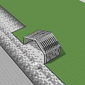 Modern White Slatted Pergola in Landscape with Green Trees and Stone Pavement
