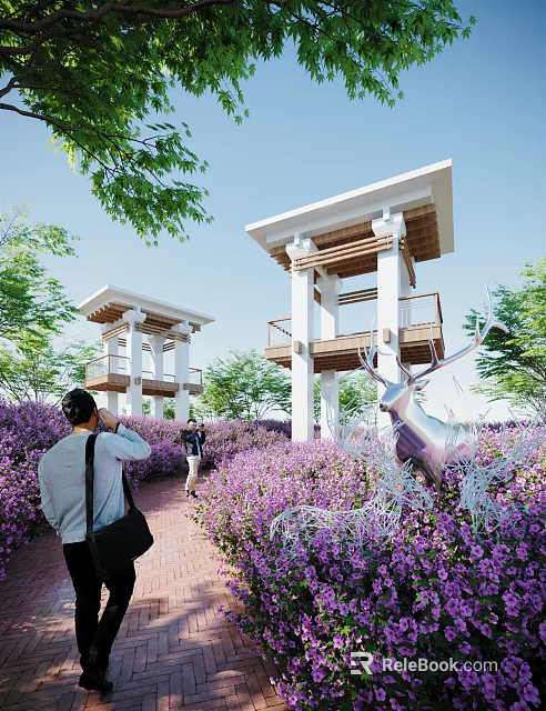 Scenic Roadside Pathway With White Pavilions Purple Flower Bushes And Silver Deer Sculpture 3d model 