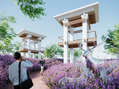 Scenic Roadside Pathway With White Pavilions Purple Flower Bushes And Silver Deer Sculpture 3d model