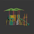 Playground Equipment With Green Canopies Yellow Railings Red Pillars Slides Swings Climbing Net Gravel Surface