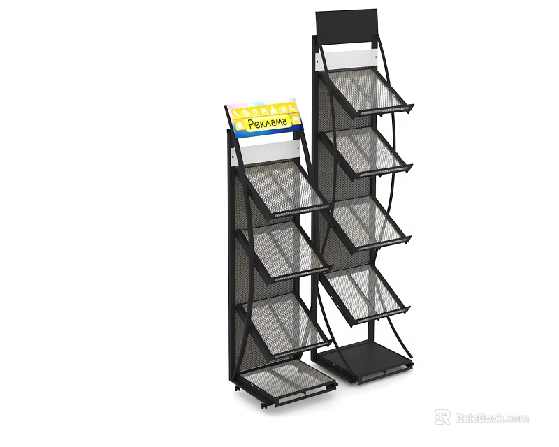 Black Multi Tiered Wire Display Rack With Promotion Sign And Shelves 3d model 
