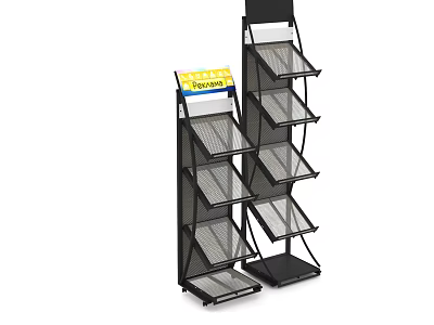 Black Multi Tiered Wire Display Rack With Promotion Sign And Shelves 3d model