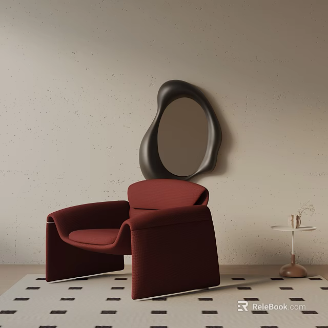Red Accent Chair in Modern Interior with Black Irregular Mirror and Small Side Table 3d model
