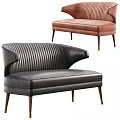 Black And Brown Leather Two Seater Sofa With Ribbed Design Curved Armrest And Brown Legs