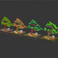 Four Green Bonsai Plants In Square Bases With Stones On Shiny Surface