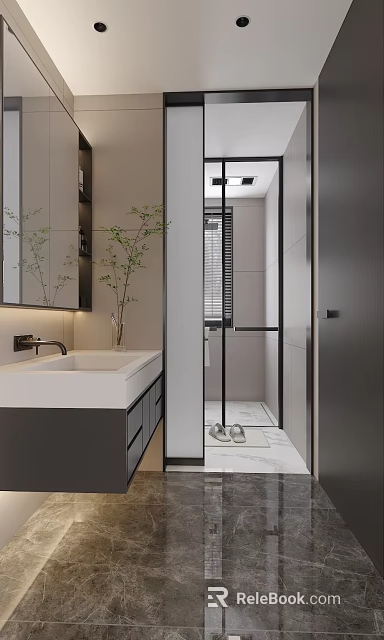 Modern Bathroom With White Sink Lighted Mirror Green Plant Glass Shower Gray Cabinets And Slippers 3d model 