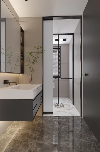 Modern Bathroom With White Sink Lighted Mirror Green Plant Glass Shower Gray Cabinets And Slippers 3d model