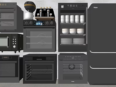 Various Types of Modern Kitchen Appliances With Microwave Oven Coffee Machine And Refrigerator 3d model