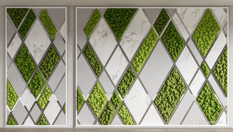 Feature Wall Design With Green Moss And Marble Diamond Shaped Panels 3d model 