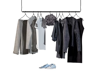 Clothes Hanger Holding Various Hanging Clothes Long Sleeves Short Sleeves Coats and Light Blue Shoes 3d model