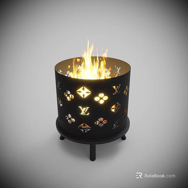 Black Fire Pit with Cutout Brand Logos Burning Flames and Stand Base 3d model 