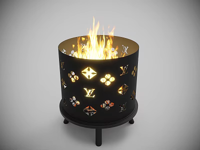 Black Fire Pit with Cutout Brand Logos Burning Flames and Stand Base 3d model