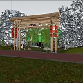 Rural Landscape With Bamboo Grove Green Grassland Wooden Canopy Tables Chairs And Stone Flower Beds