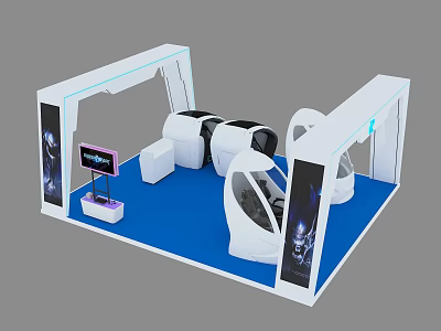 Modern Exhibition Booth Design With White Structure Blue Floor Display Screens And Seats 3d model