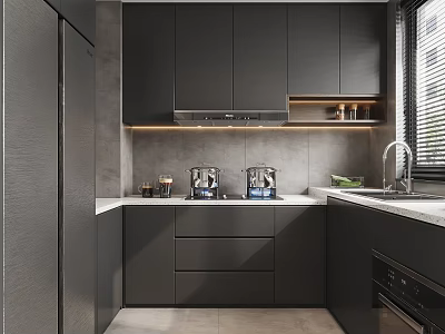 Modern Kitchen Interior With Dark Cabinets Built-in Appliances Sleek Countertop And Sink 3d model
