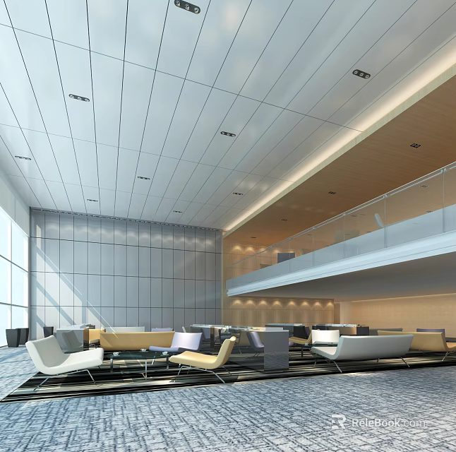Modern Public Office Space With Comfortable Sofas Chairs Glass Railing Bright Ceiling And Grey Walls 3d model