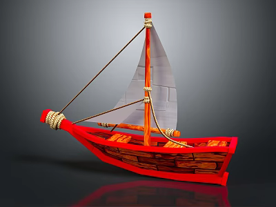 Wooden Boat With Red Hull White Sail Wooden Planks And Ropes Design 3d model
