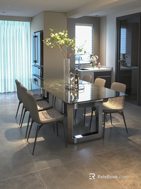 Modern Restaurant Interior With Glass Dining Table Chairs Vase And Decorative Items 3d model 