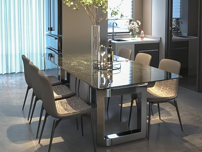 Modern Restaurant Interior With Glass Dining Table Chairs Vase And Decorative Items 3d model