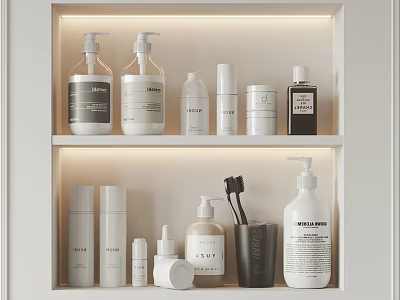 Modern Bathroom Accessories Organized On Shelf With Bottles And Toothbrush Holder 3d model