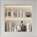 Modern Bathroom Accessories Organized On Shelf With Bottles And Toothbrush Holder