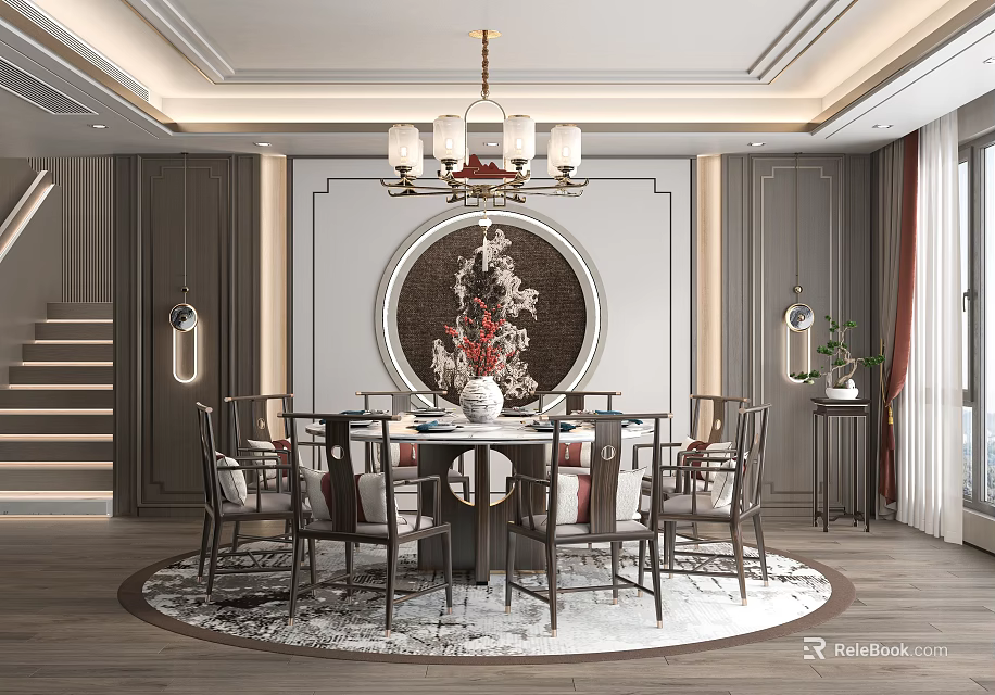 Modern Restaurant Interior With Round Dining Table Chandelier And Circular Wall Art 3d model