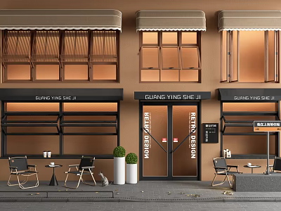 Modern Three Connected Storefront with Awnings Glass Windows Doors and Outdoor Tables Chairs Plants 3d model