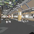 Modern Food Court Interior With Seating Area Bright Lighting And Counter Layout