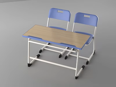 Wooden Tabletop Desk With Two Blue Chairs And Metal Frame On Wheels 3d model