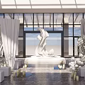Elegant Banquet Hall Interior With White Decor Flower Arrangements Large Windows And Chandeliers