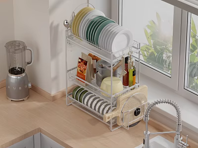 Organized Kitchen Countertop With Transparent Dish Rack Holding Plates Bowls Spice Bottles And Blender 3d model