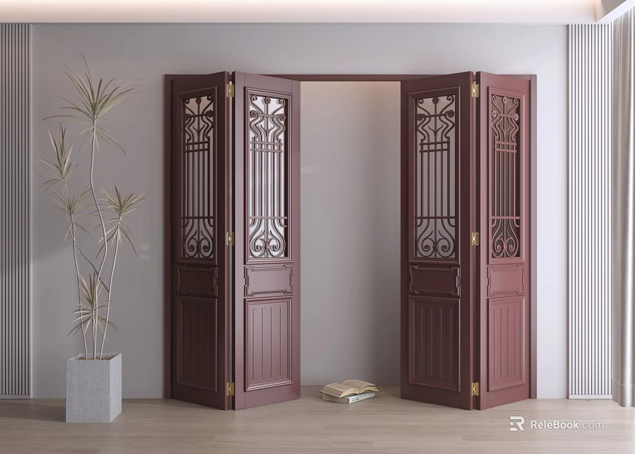 Dark Brown Wooden Folding Doors With Carved Lattice Panels In Minimalist Interior And Wooden Floor 3d model 