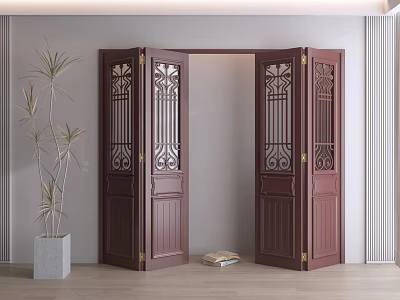 Dark Brown Wooden Folding Doors With Carved Lattice Panels In Minimalist Interior And Wooden Floor 3d model