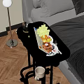 Cozy Bedroom Scene With White Rolling Tray Table Holding Salmon Meal And Glass