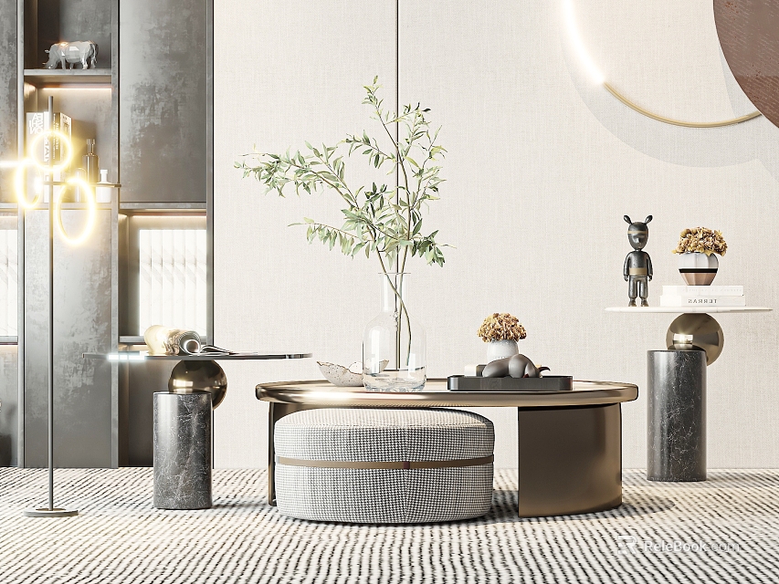 Elegant Modern Living Room Round Gold Gray Coffee Table With Green Plant Decorative Items 3d model 