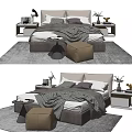 Modern Double Bed Interior With Bedside Tables Stool Rug And Decorative Pillows 3d model
