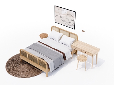 Silent Double Bed Solid Wood Double Bed 3d model